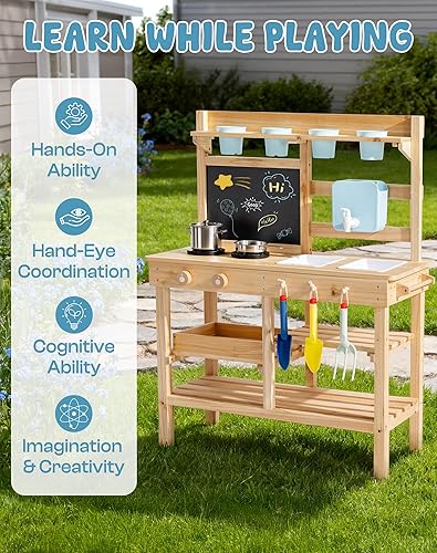 Miniatura 8 de ROBOTIME Cocina de barro para niños al aire libre, cocina de madera al aire libre con accesorios, juego de cocina para niños para patio trasero,