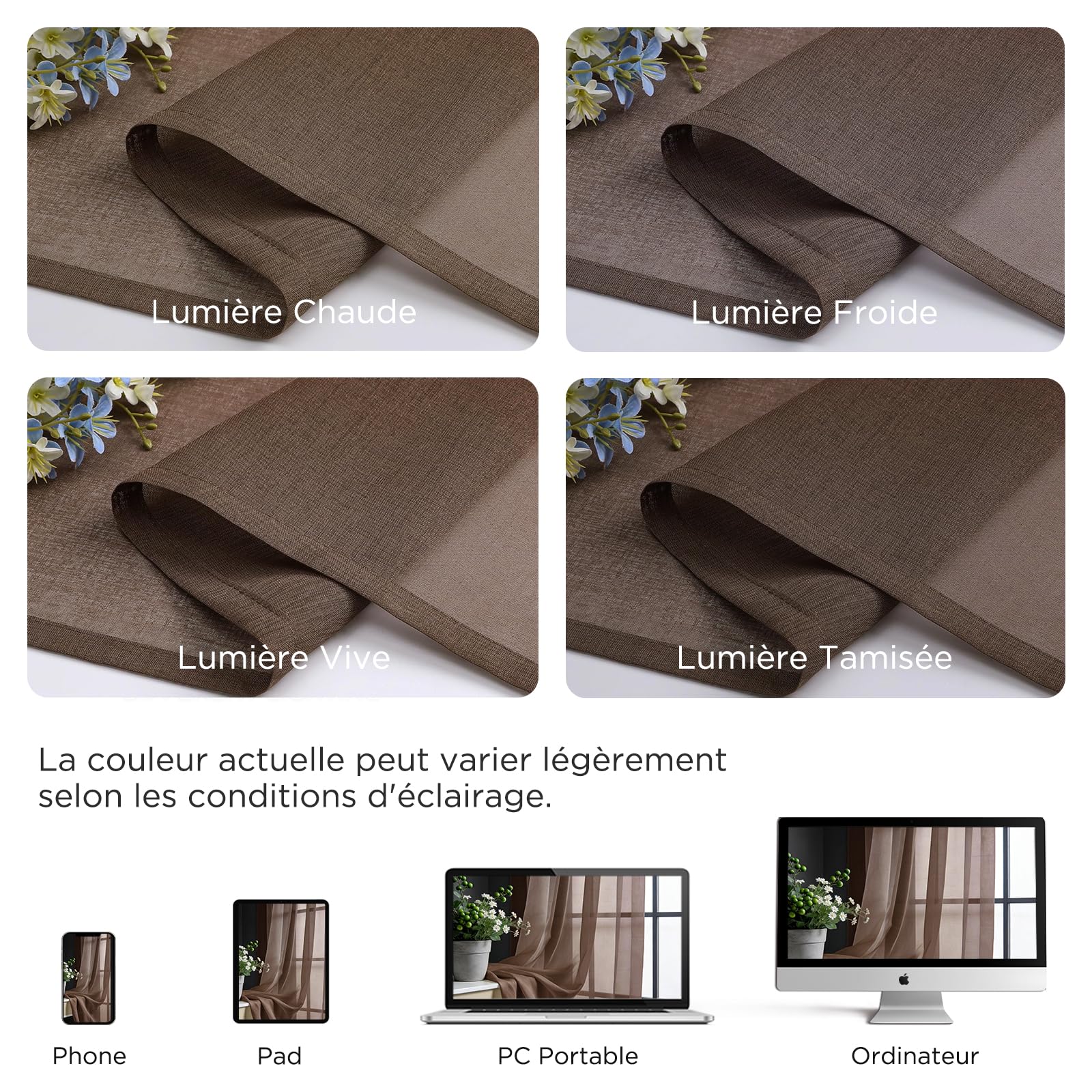 Joydeco Lot de 2 Rideau Voilage Marron 140x260cm avec Galon Fronceur pour Rail, Voilage Fenêtre Semi-Transparent pour Filtrage de Lumière et Décoration de Chambre Salon (Crochets Non Inclus)