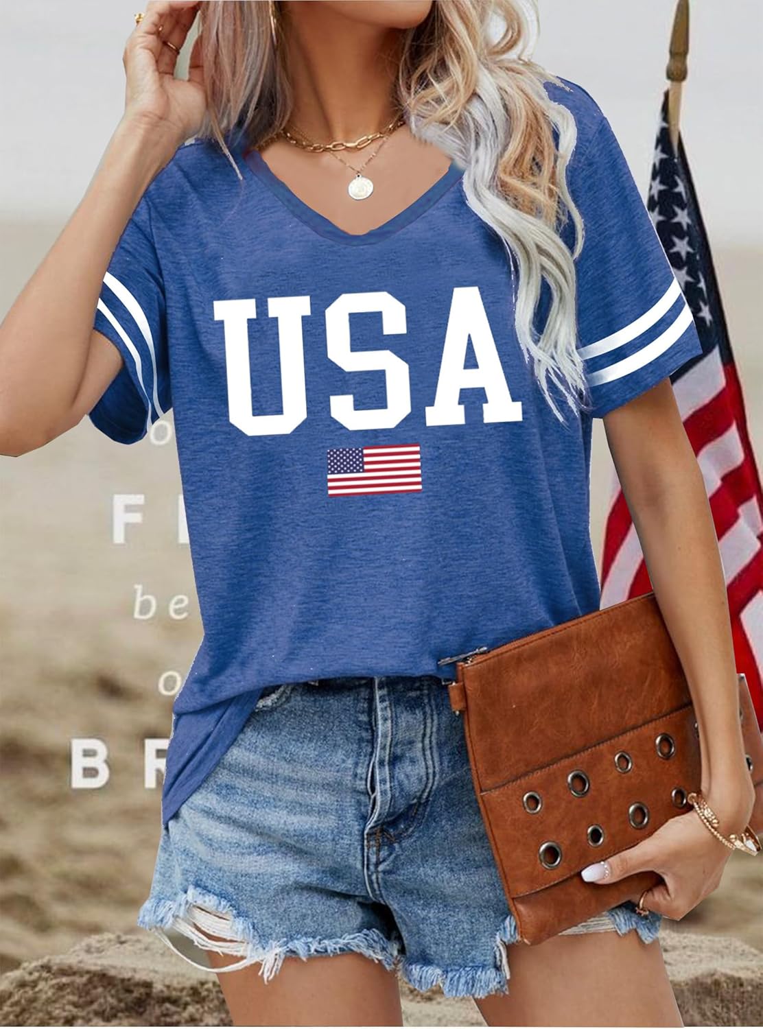 Susongeth USA Patriotic American Flag Shirt Women 4th of July T-Shirts V-Neck Short Sleeve Casual Top Tees - Image 3