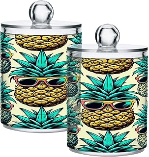Apothecary Jars Bathroom Storage Organizer with Lid - 14 oz Qtip Holder Dispenser, Sunglasses Pineapple Clear Plastic Canister for Cotton Swab, Cotton Ball, 2PCS