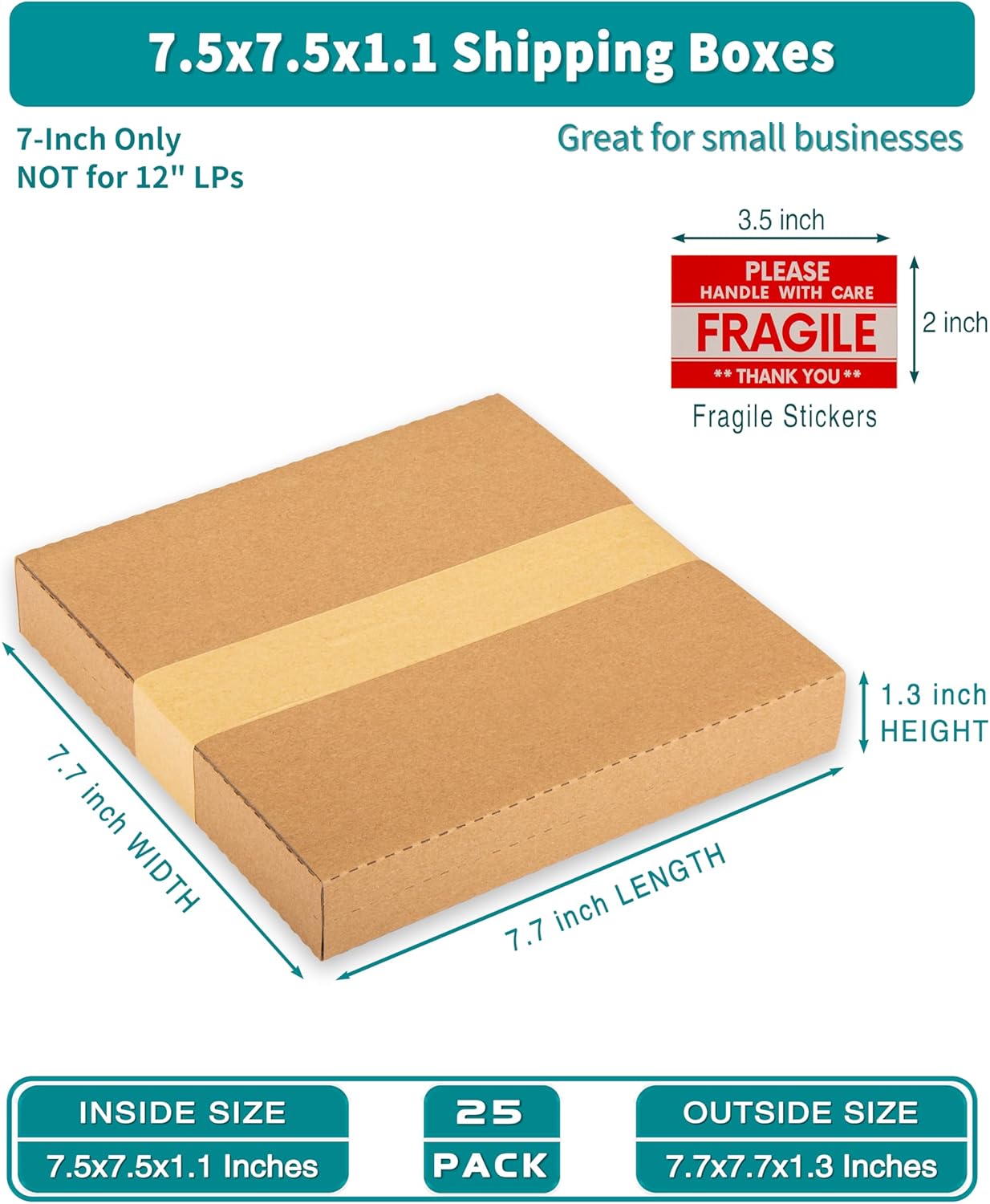 7" 45 RPM Vinyl Record Mailers (NOT for 12" LPs), 7.5" x 7.5" x 1.1" Thin Kraft Corrugated Shipping Boxes for Standard 7-Inch Singles, with Fragile Stickers, 25 Pack