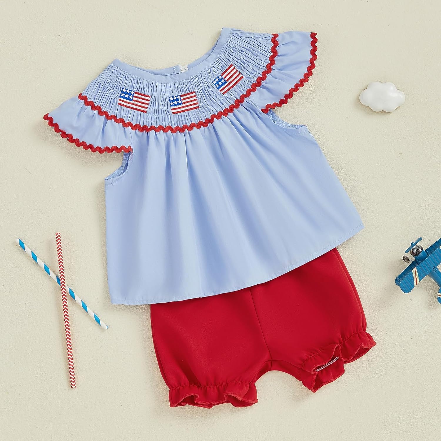 4th Of July Outfits For Toddler Girls Baby USA Smocked Tops T-Shirt Shorts Set Summer Fourth Of July Clothe - Image 4