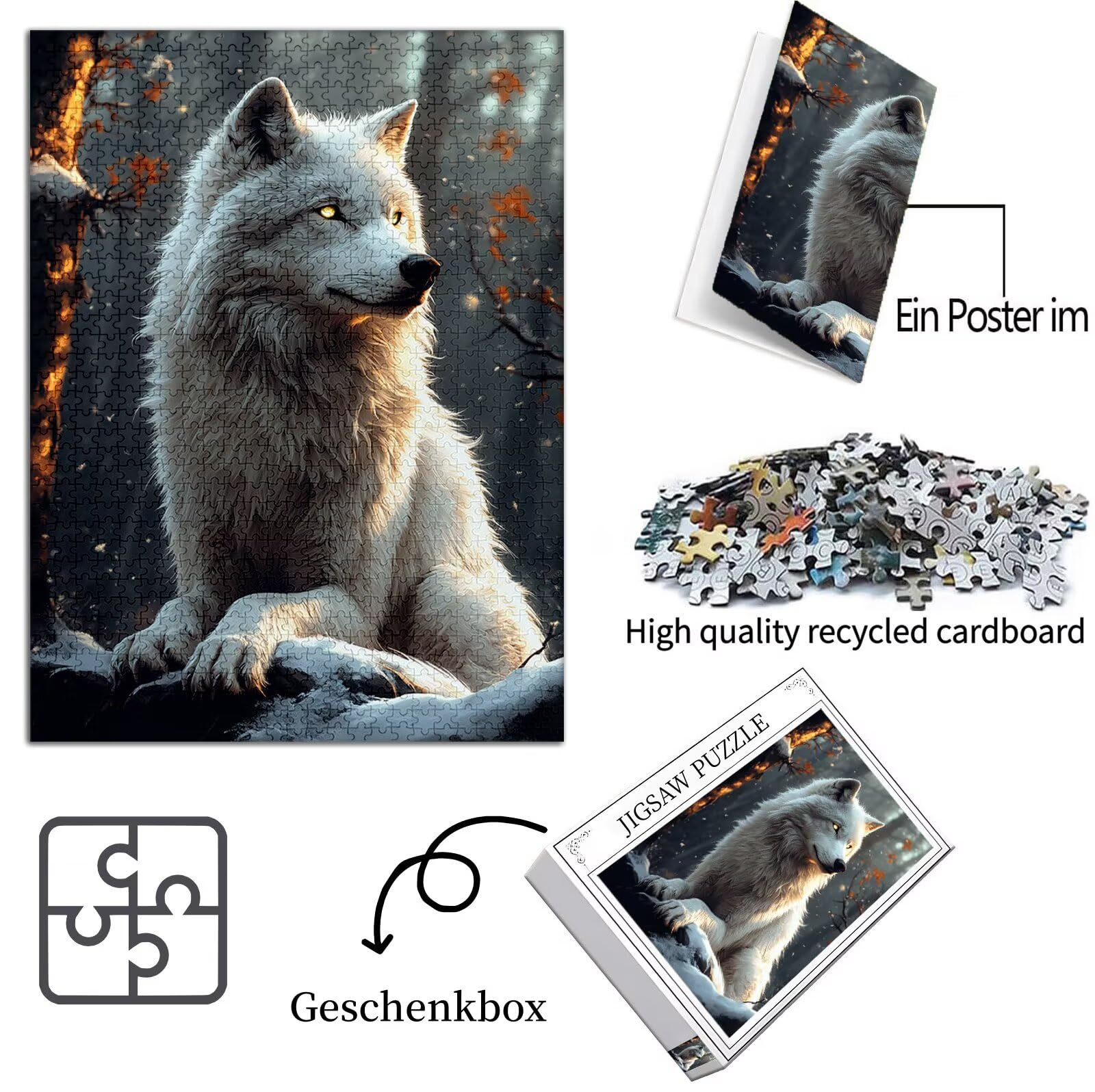 Puzzle dla dorosłych 3000 sztuk, puzzle 3000 sztuk dla dorosłych, drewniana łamigłówka wymagająca gra z pudełkiem na prezent opakowanie do dekoracji domu sypialni prezenty dla kobiet, motyw: wilk