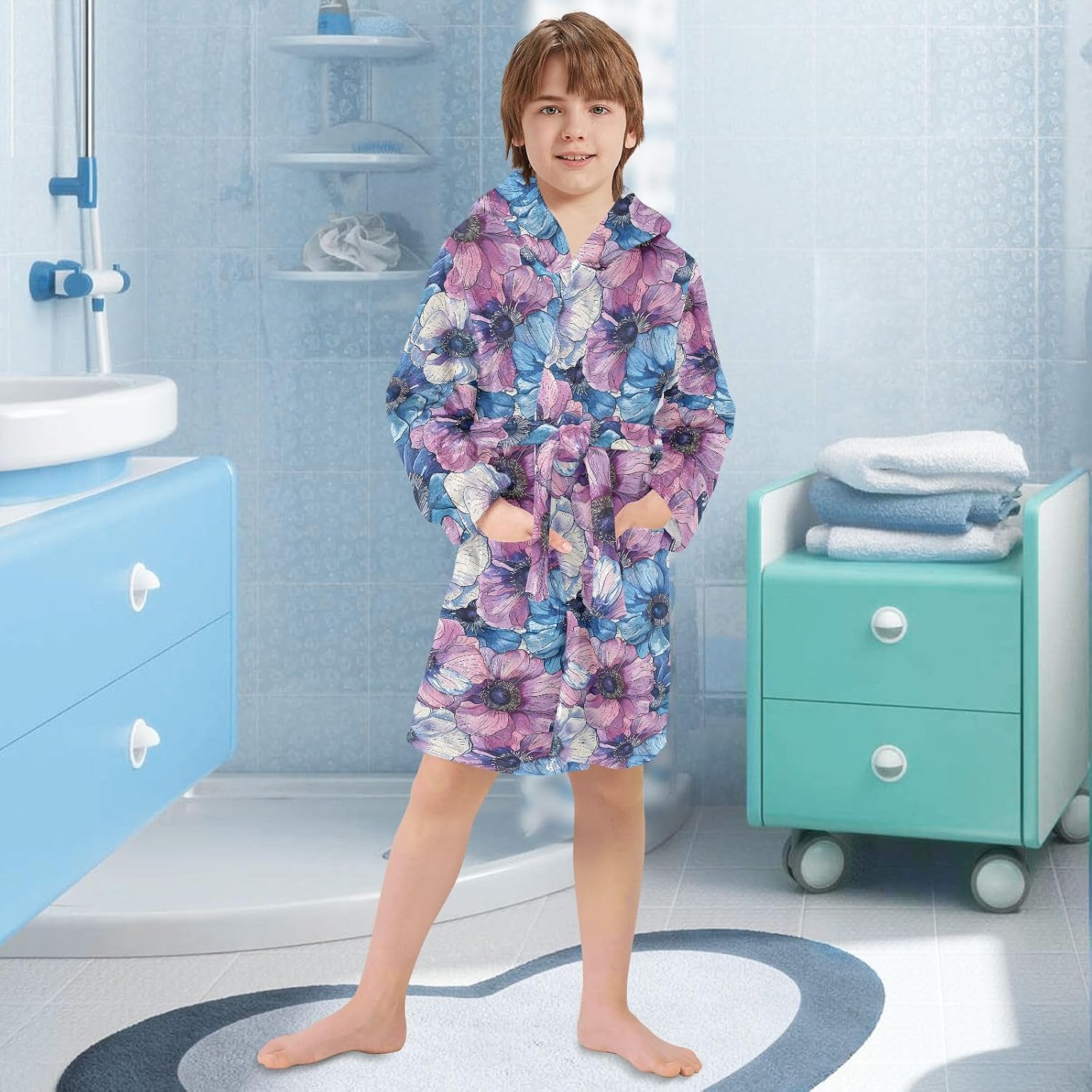 senya Exotic Anemone Flower Toddler Hooded Bathrobe Kids Soft Plush Bath Towel Robes for Boys Girls 2-12 Years
