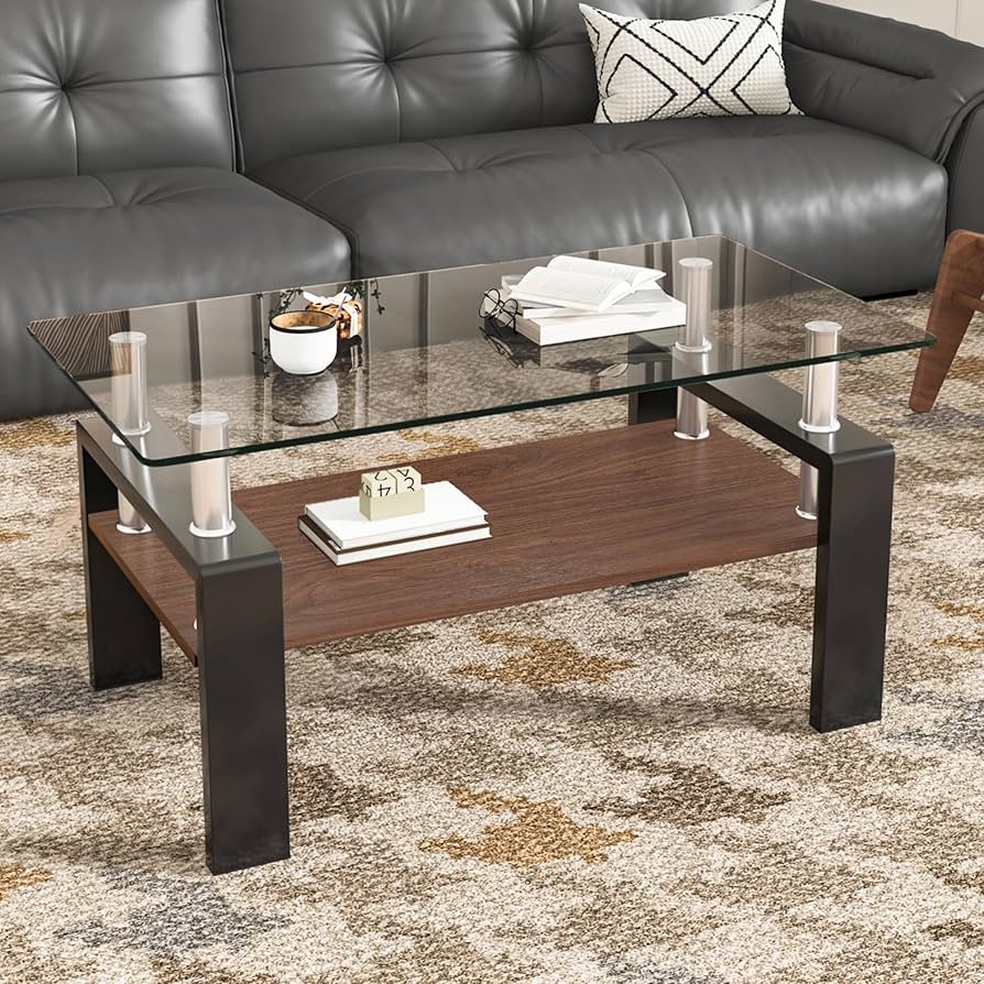 ブラック モダン長方形コーヒーテーブル 強化ガラス天板+MDF収納棚 リビング用 ブラック モダン長方形コーヒーテーブル 強化ガラス天板+MDF収納