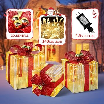 DomKom Set of 3 Christmas Lighted Gift Boxes, 140 LED Lights Nesting Present Boxes, Metal Frame Gift Box with Golden Ball Ornament, for Xmas Tree Indoor Outdoor Holiday Decorations