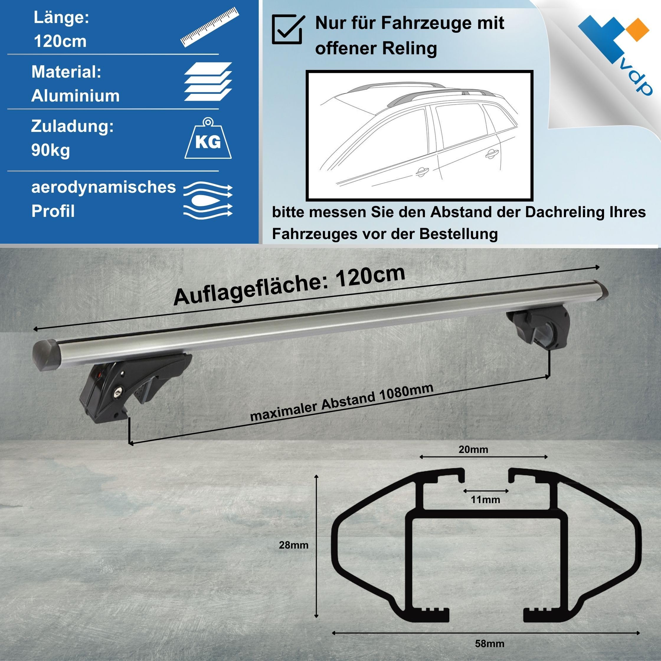 Dachgepäckträger Auto - Dachträger Universal Lion 1 | Auto Dachträger offene Reling | Dachträger für Reling abschließbar | Aluminium Grundträger Dachreling bis 90kg - 120 cm Länge