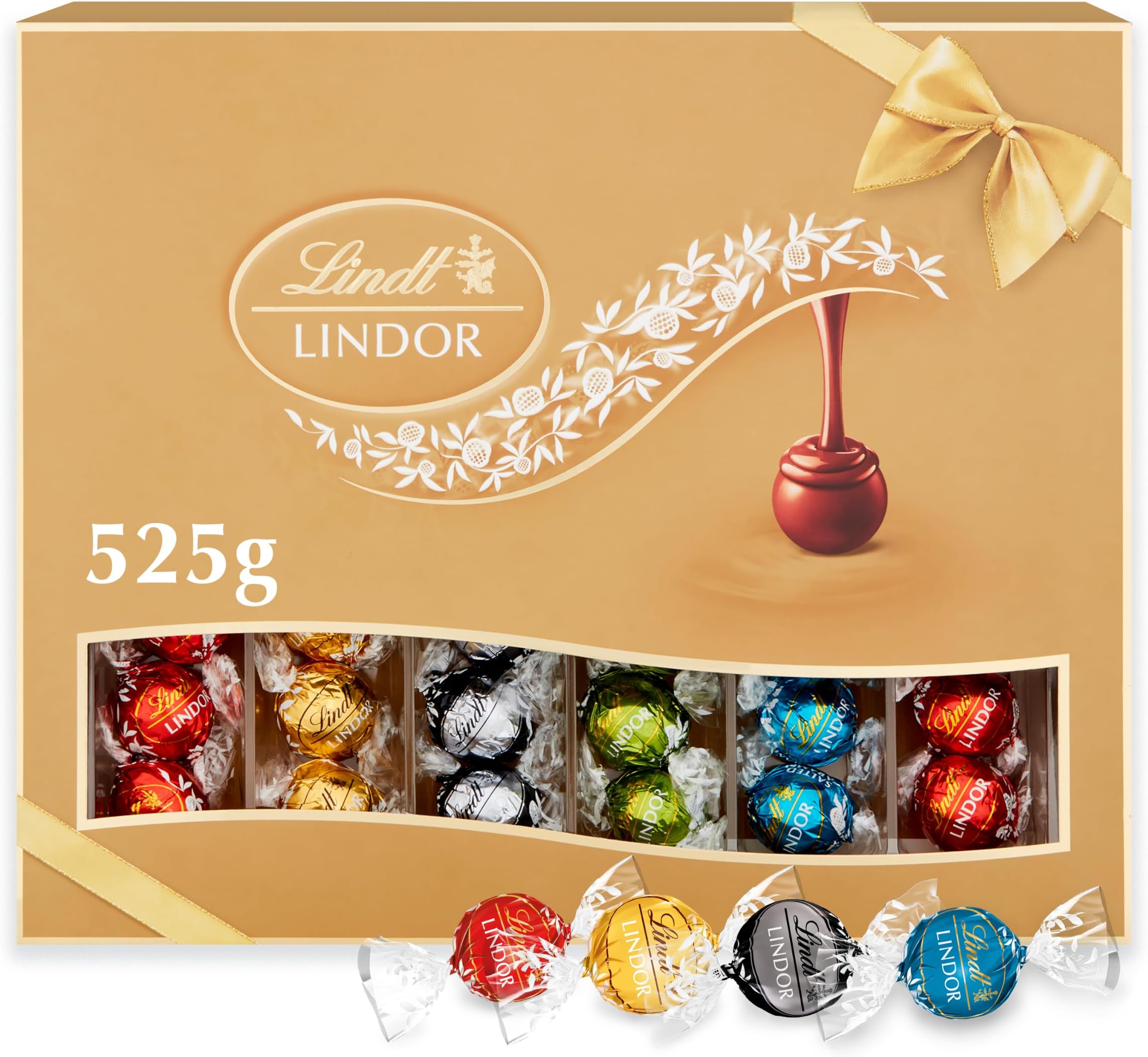 Lindt Lindor Assorted Truffles Gift Box 525g | Assorted Lindor truffles including milk, dark, salted caramel and pistachio. Premium Christmas gift box.