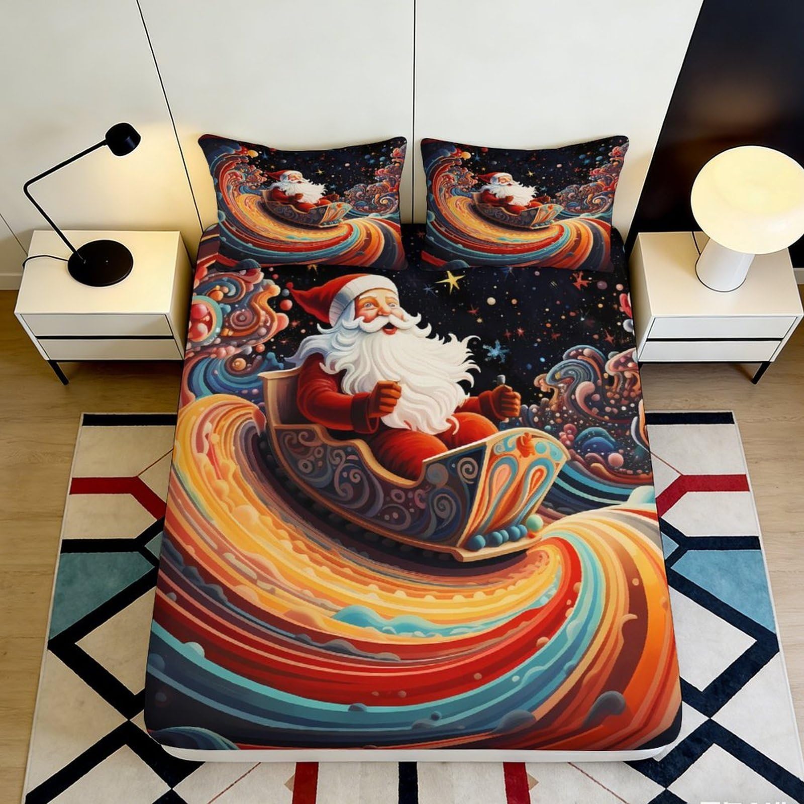 3D Printed Santa Claus Fitted Sheet Microfiber Soft Breathable Christmas Sleigh Bed Cover for Bedroom Dormitory Guest Room Mattress Protection Decor 200x200x25cm