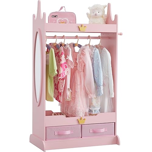 GTOLV Kids Dress Up Storage with Mirror, Kids Armoire with Non-Woven Drawers, Open Costume Closet with Hanging Rack for Toddlers (Pink)