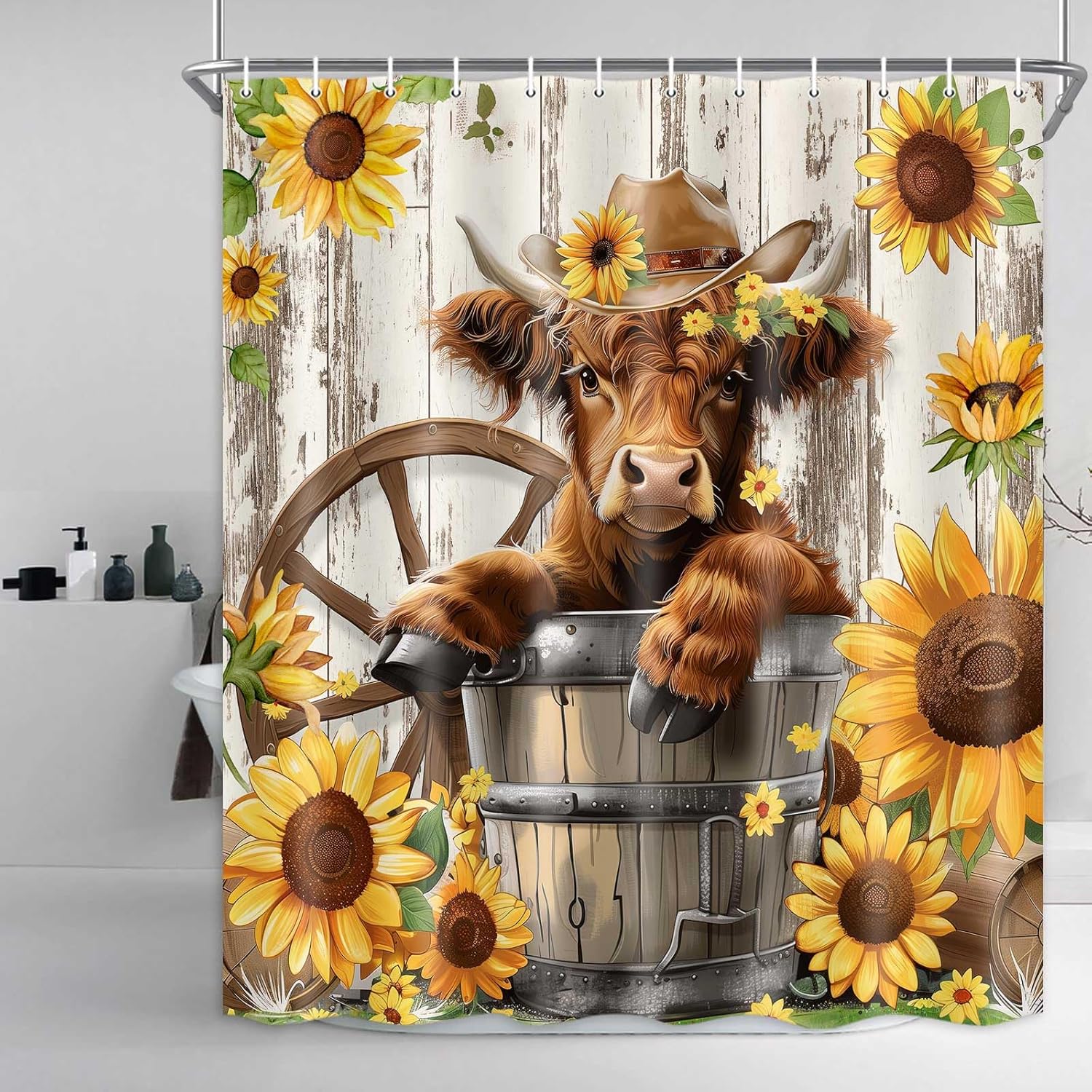 Farmhouse Highland Cow Shower Curtain Set, Rustic Bull Sunflower Bathroom Decor, Waterproof Western Farm Country Bathroom Curtain With 12 Hooks 72X84 Inch