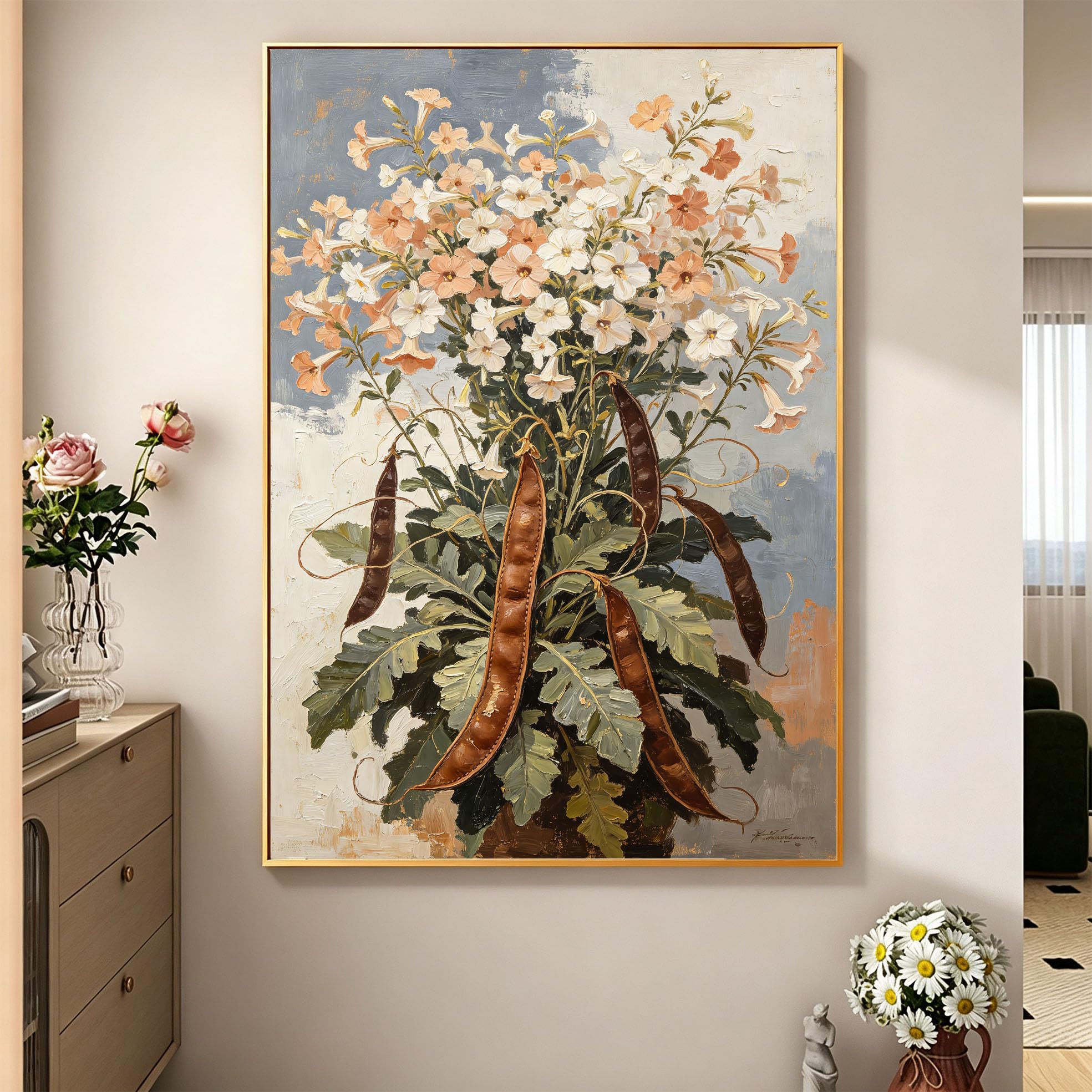 100% Handgemaltes Blumen Ölgemälde, Bohnenblüten, Leinwandbild, Rahmenlos, Ästhetisches Botanisches Kunstwerk Für Wohnzimmer, Schlafzimmer, Heimdekoration, 40X60Cm (16X24Inch)