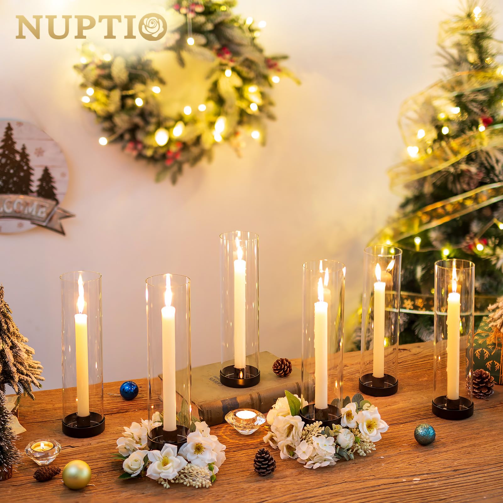 NUPTIO Uragano Portacandele Nero: 2 Pezzi di Vetro Metallo Portacandele per Candela Cero Bastone 30cm Alto Chiaro Aperto Finito Portacandele Cilindro Ombra Festa Matrimonio Centrotavola Per Tavoli