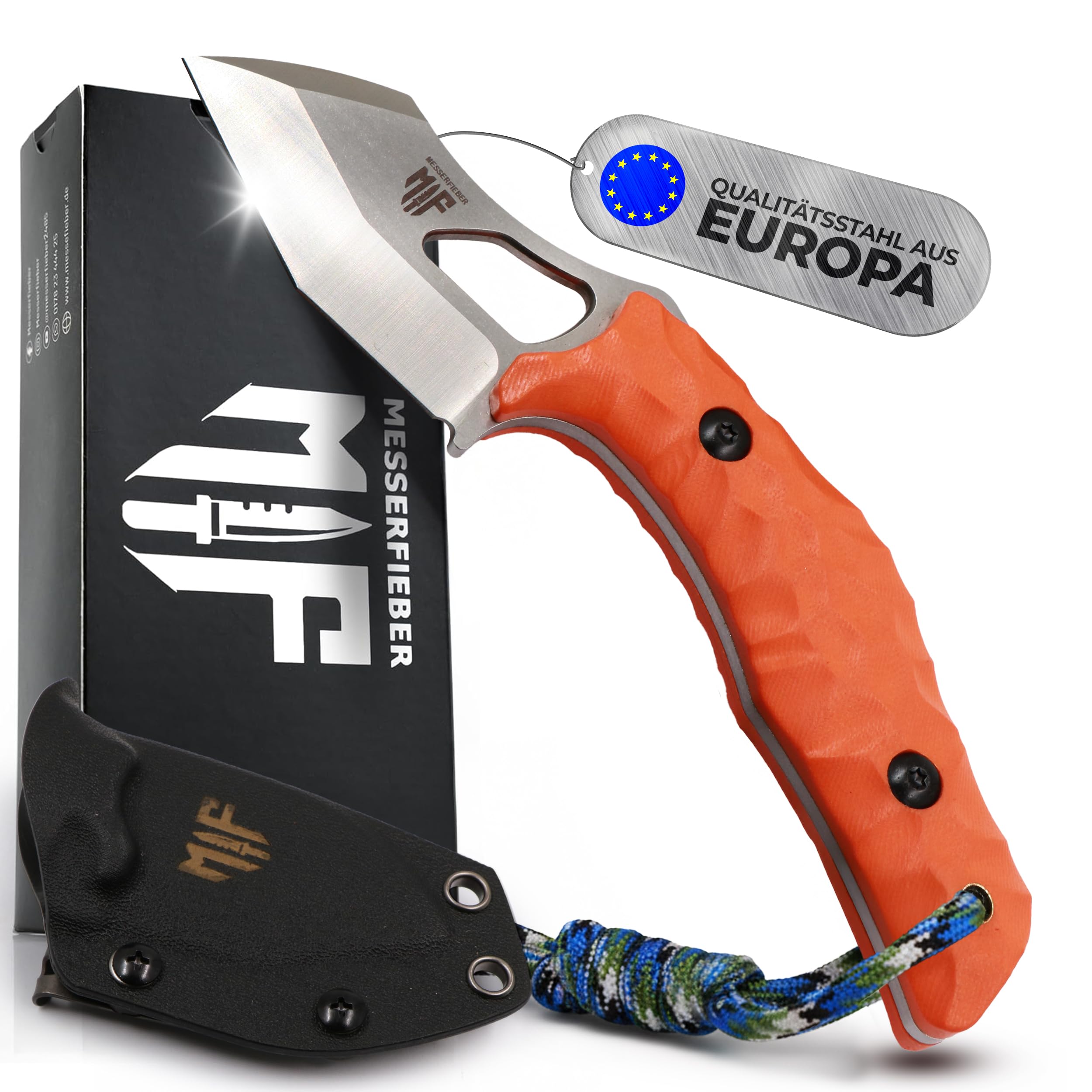 Messerfieber® T-Rex Kralle Messer [Kompakt, leicht & vielseitig] – EDC Messer mit 60 mm N690 Klinge & G10-Griff – Kydexscheide inkl. – Outdoor Schneidwerkzeug (In verschiedenen Farben) (Orange)