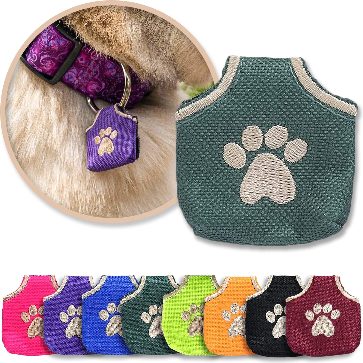 Dog Tag Silencer, Green Pawprint - Quiet Noisy Pet Tags - Fits Up to Four Pet IDs - Dog Tag Cover Protects Metal Pet IDs, Made of Durable Nylon, Universal Fit, Machine Washable