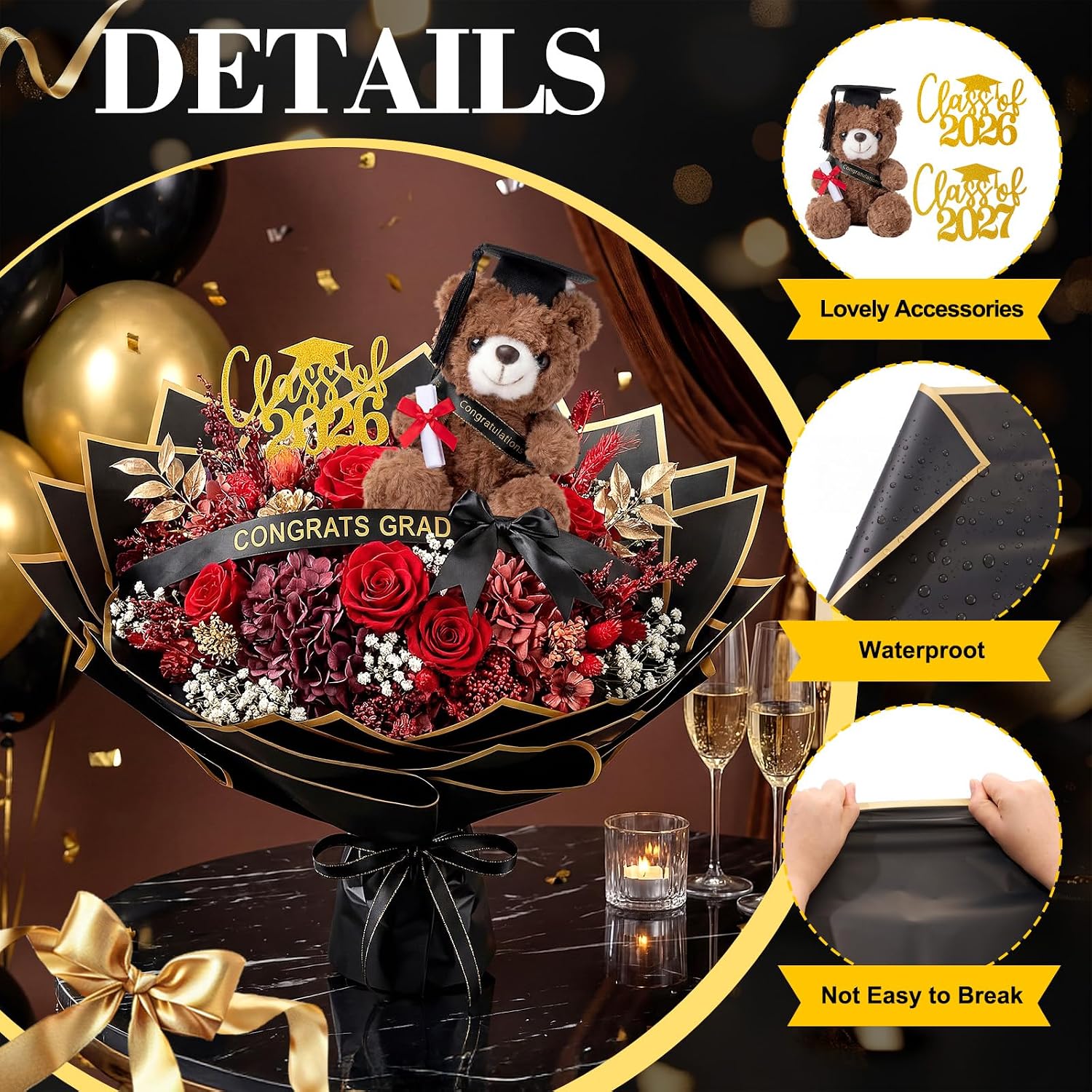 Condition photo showing New/Like New for hollowfly 80 pcs graduation money bouquet wrapping accessories kit, 20 flower wrapping paper 50 sticks 2 card inserts 1 bear 3 ribbons diy crafts for graduation birthday mother's day(bear 1,black) bear 1 black