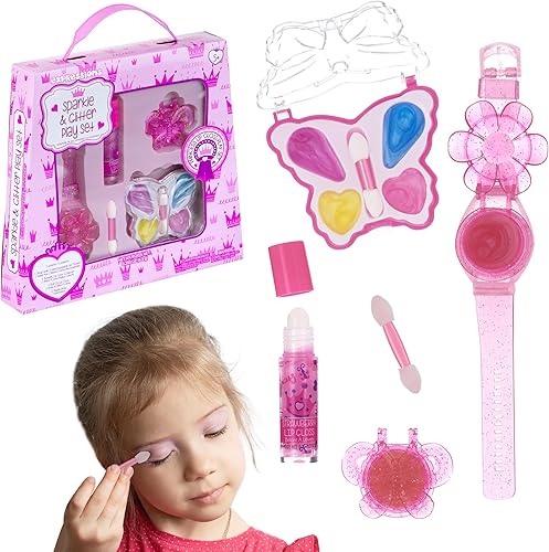 Expressions - Kit de cosméticos de 4 piezas con reloj de brillo de labios - Colección de paleta de brillo de labios de mariposa y paleta de sombras