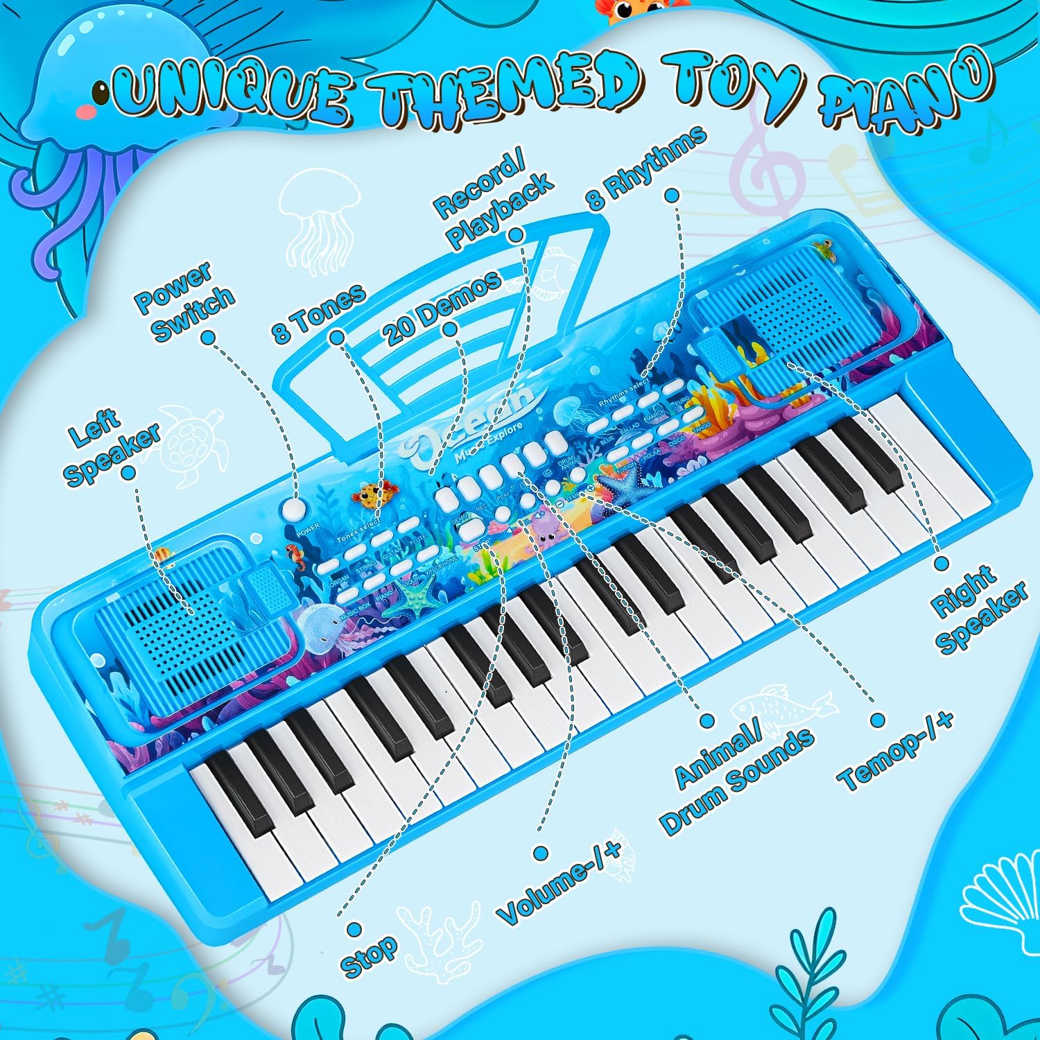 Upgraded 37 Keys Kids Piano Keyboard with Microphone Music Stand – Portable Musical Toys for Toddlers Ages 3 4 5 6 Boys Girls Birthday Gift - Blue