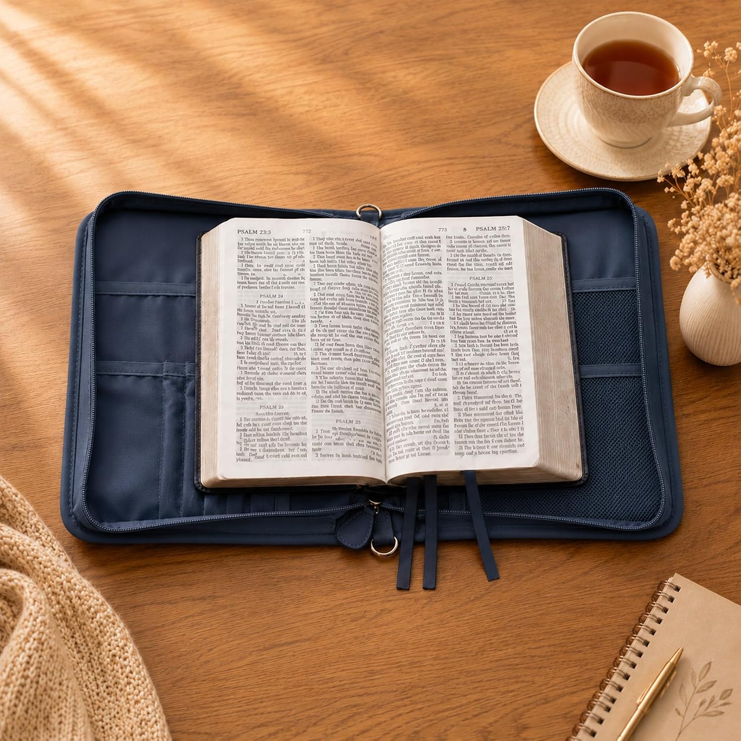 Bible Cover, PU Leather Bible Bag with Cross Design, Large Bible Carrying Case with Handle and Shoulder Strap, Christian Gifts for Men and Women (Blue)