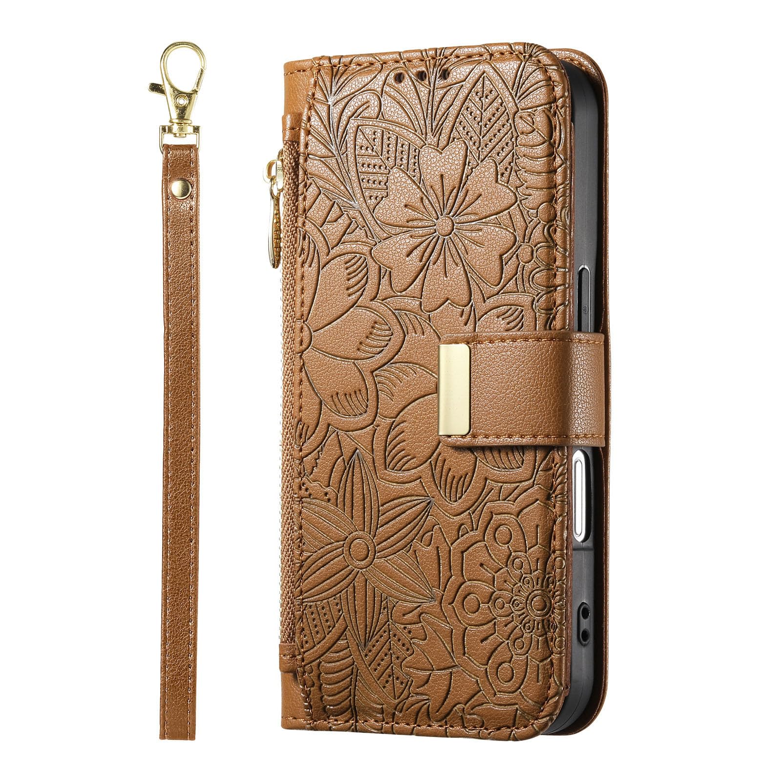 Etui portfelowe do Samsung Galaxy S26 Ultra/S26+/S26, retro tłoczenie damskie etui z klapką pasek na nadgarstek ochrona przed upadkiem, mosiądz, S26