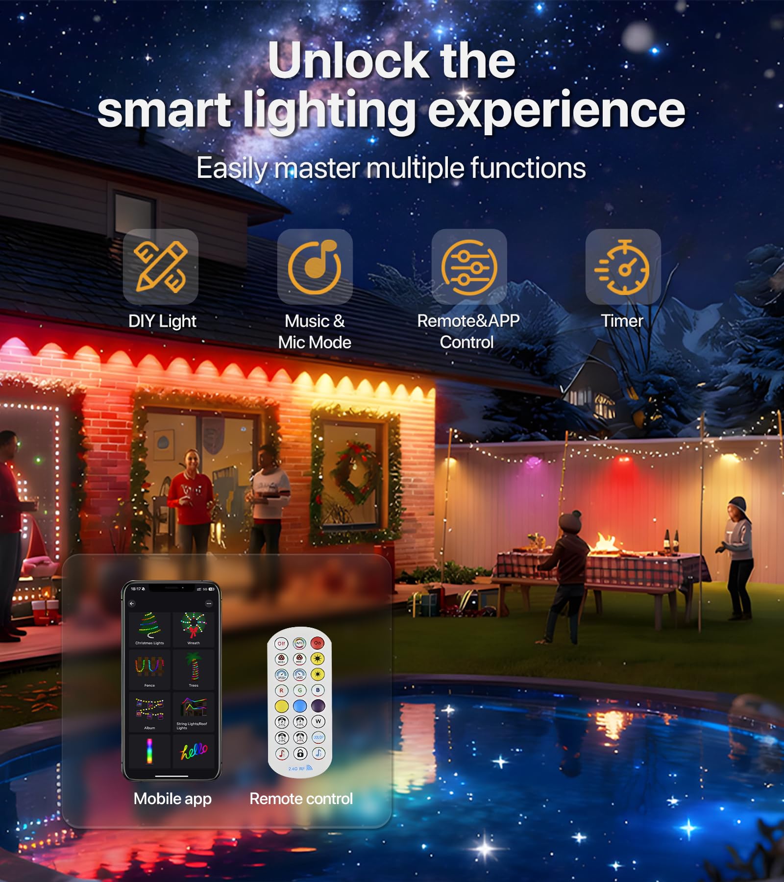 60 m lange RGB+IC-LED-Dauerleuchten für den Außenbereich, Trauflichter mit Smart-App und Fernbedienung, 72 Szenenmodi, wasserdicht IP65 für Weihnachtsdekorationen