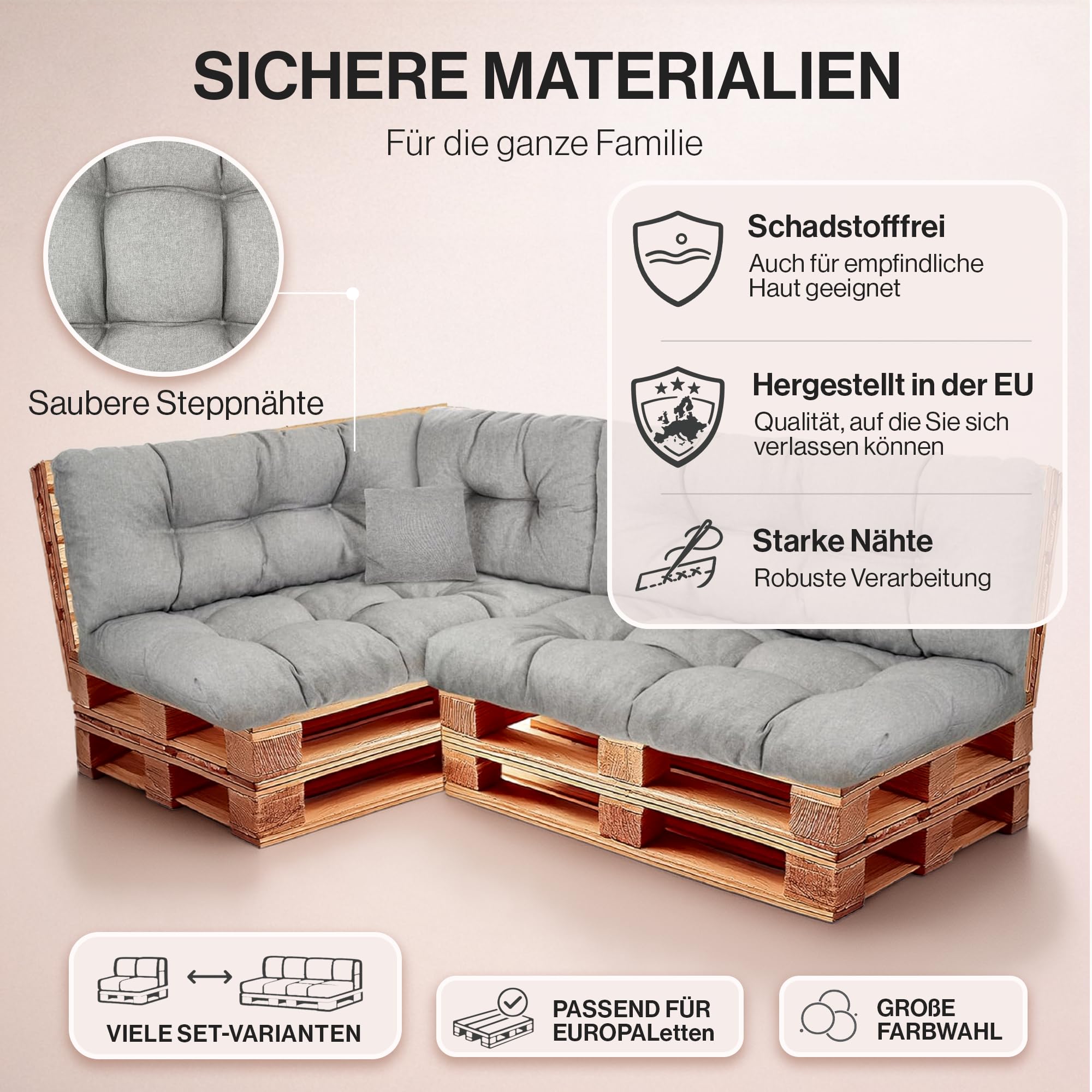 Cojin para palets – cojin de Asiento 120x40cm – cojin Palet Relleno de Espuma de poulirette granulada - en la terraza y en el jardín