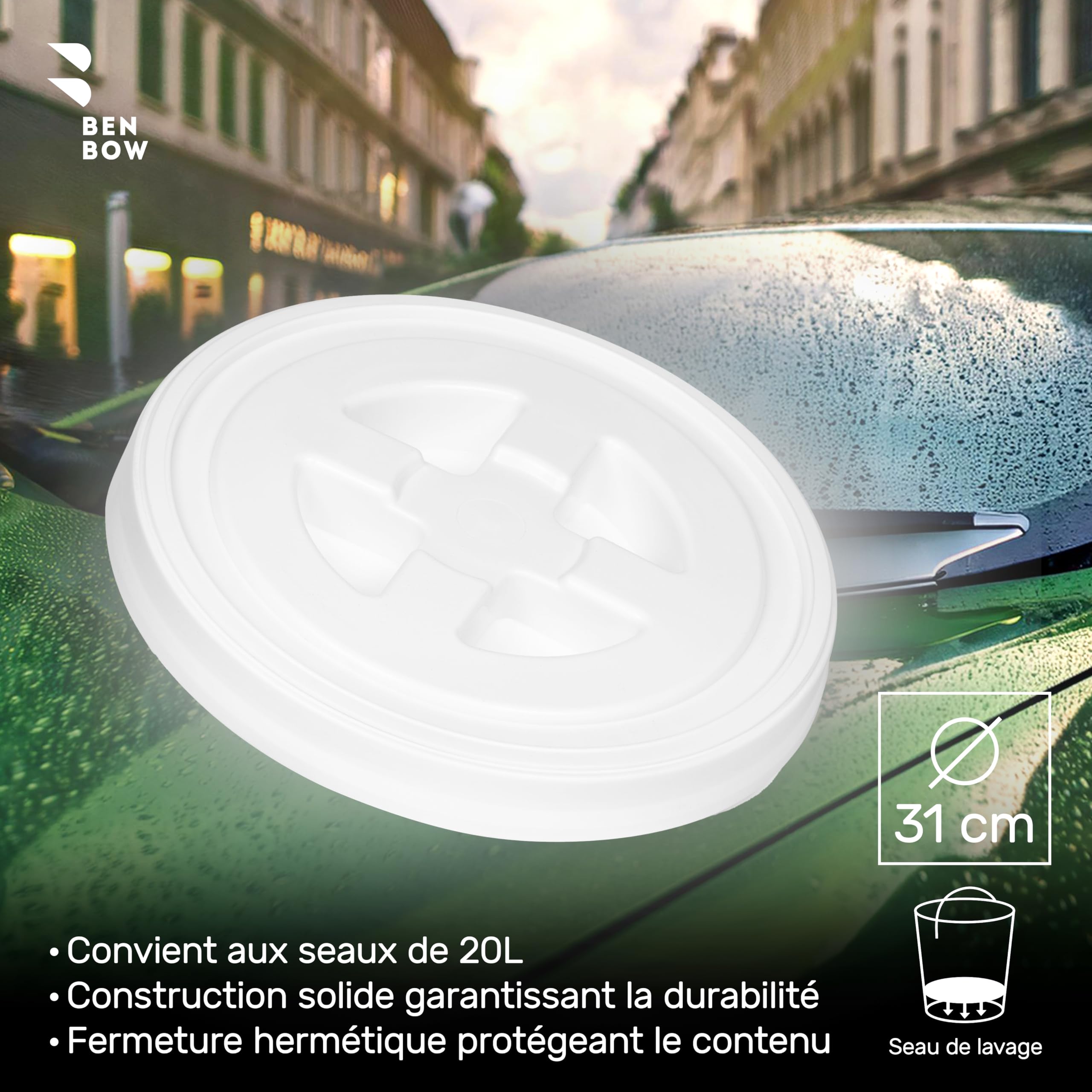 BenBow Kit Professionnel - Seau de Lavage avec Couvercle et Filtre à saleté – 20 litres Blanc – Durable et Polyvalent Parfait pour Le Lavage de Voiture - pour ateliers et Stations de Lavage