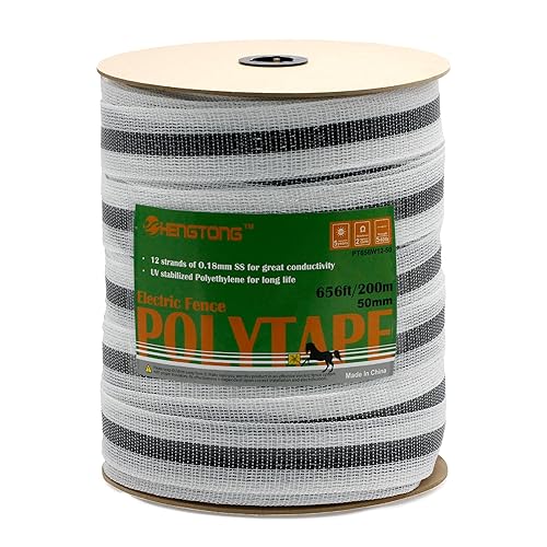 Electric Fence Poly Tape Horse Fencing Tape 656 Feet 200m, 2 Inch 50mm Width, 12 x 0.18mm Stainless Steel Conductors, White and Gray