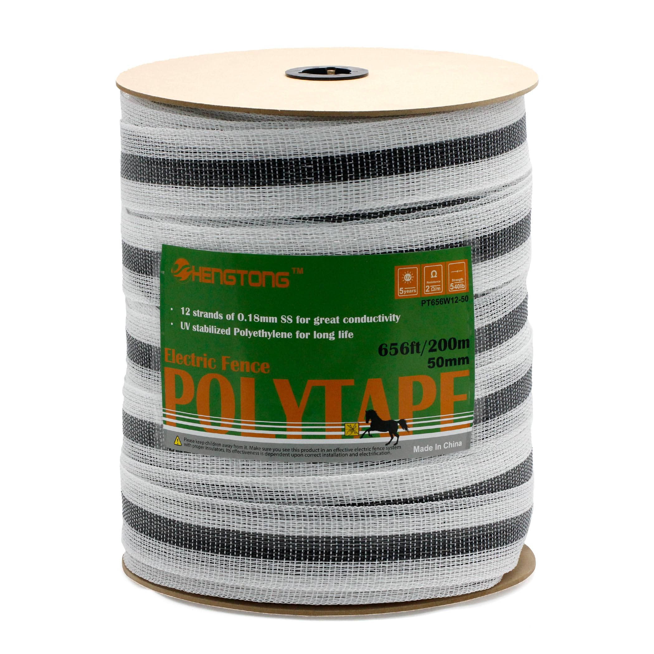 HENGTONG Electric Fence Poly Tape Horse Fencing Tape 656 Feet 200m, 2 Inch 50mm Width, 12 x 0.18mm Stainless Steel Conductors, White and Gray