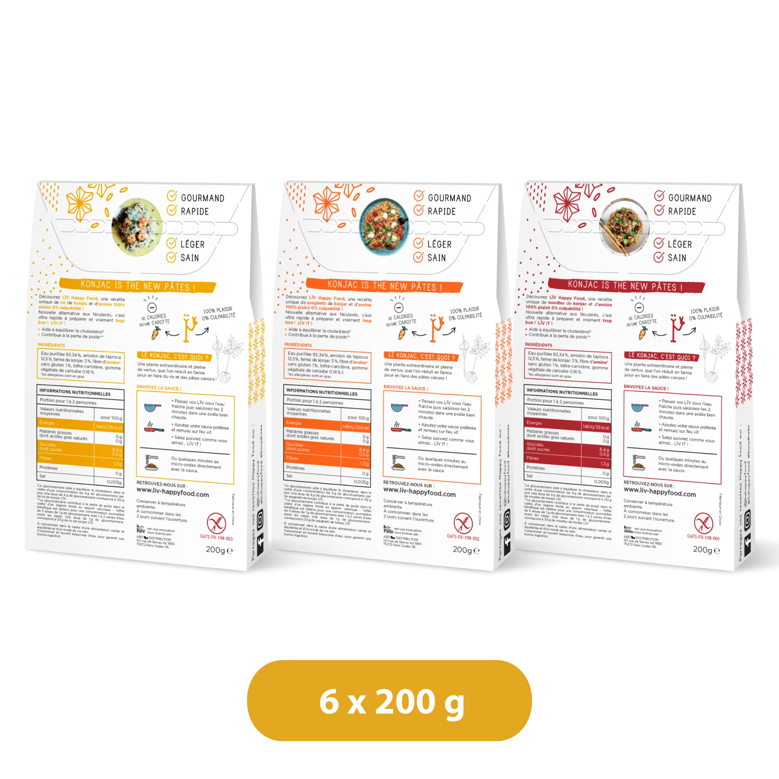 LÏV Happy Food - Trio Nouilles de Konjac, Spaghetti & Riz, 6x200g, Premium