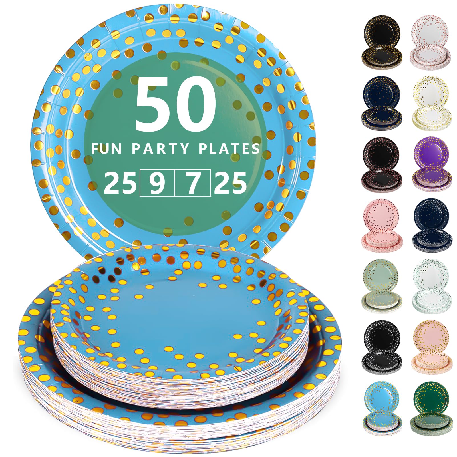 Nkaiso Disposable Paper Plates 50 Pack, Light Blue and Gold Party Plates Dinner Set - 25x9inch & 25x7inch Plate Elegant Disposable Tableware for Birthday, Wedding, Christmas Party Supplies — image 1