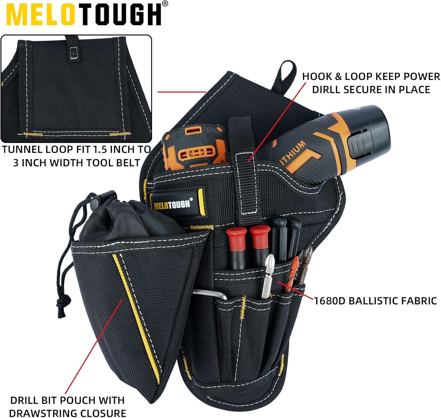 MELOTOUGH 2 Inch Wide Quick Release Tool Belt Nylon Web Work Tool Belt + Drill Holster Impact Driver Holster with Bit Pouch Heavy Duty Impact Holster for Tool Belt (Left Hand)