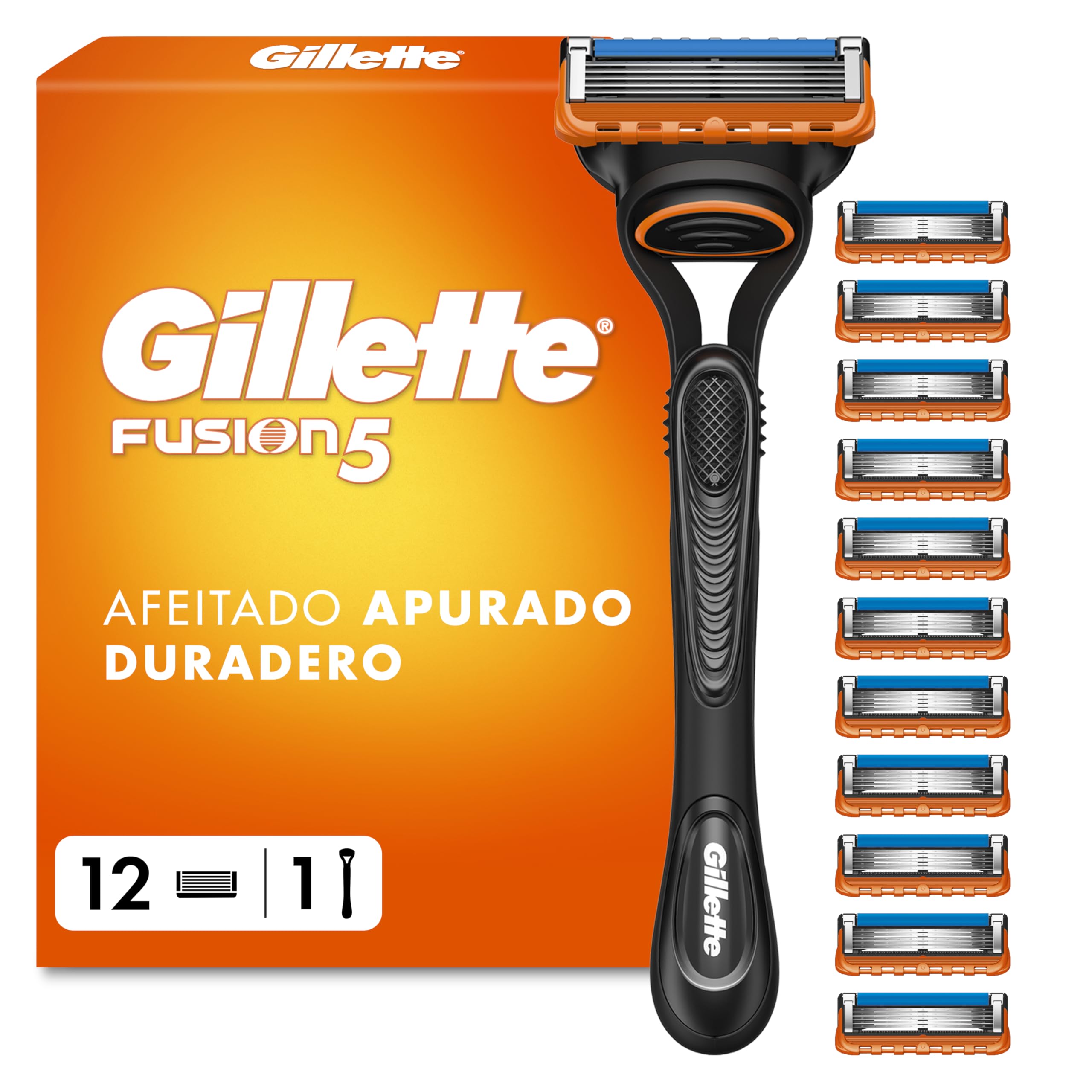 Gillette Fusion5 Maquinilla de Afeitar para Hombre con 12 Recambios | 1 Mango + 12 Cuchillas de Afeitar con 5 Hojas, Banda de Gel Lubricante Y Recortadora de Precisión, Afeitado Apurado