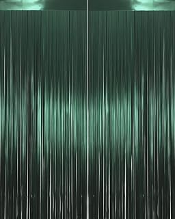 Calmi Dark Green Foil Fringe Curtain, 2 Pack 3.31x6.6 ft Tinsel Foil Fringe Curtain Streamers Backdrop for Birthday Jungle Party Dinosaur Animal St Patrick's Day Christmas Decorations