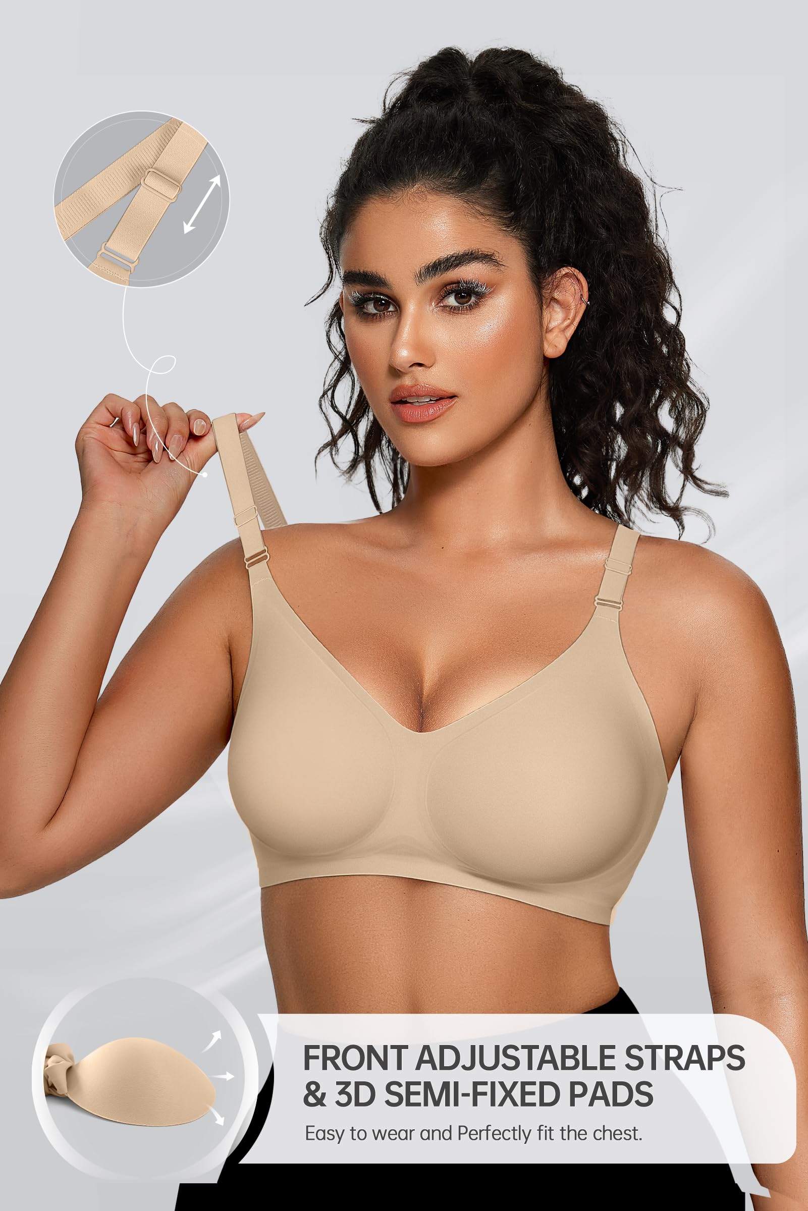 OEAK Damen BH Ohne Bügel Push Up Nahtloser V-Ausschnitt Bra Bügelloser Gepolstert Glatter Bustier Tshirt Schlaf BHS mit zusätzlicher Verlängerung (Weizenbraun,XXL)