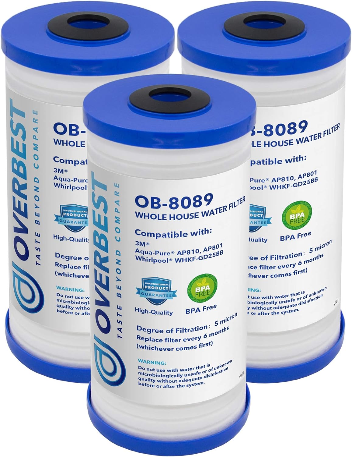 Overbest 10" x 4.5" Whole House Water Filte Replacernent for 3M®Aqua-Pure®AP810, AP811, AP801, AP801-C, AP801T, P801B, Whirlpool® WHKF-GD25BB, VWHKF-DWHBB, 5 Micron Well & Tap Water Filter, Pack of 3