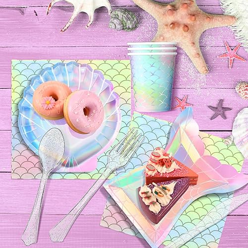 Miniatura 17 de 144 piezas de suministros de fiesta temática de sirena, decoraciones de fiesta bajo el mar, vajilla de fiesta incluye platos de almeja, servilletas