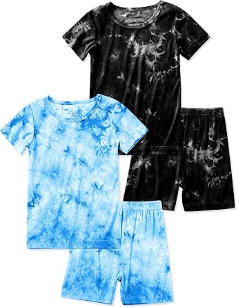 Jimonda Kids Soft Rayon From Bamboo Sleepwear Short Sleeve Boys Girls Pajama Outdoor 4-Piece tops&shorts Casual sets Tie PJ