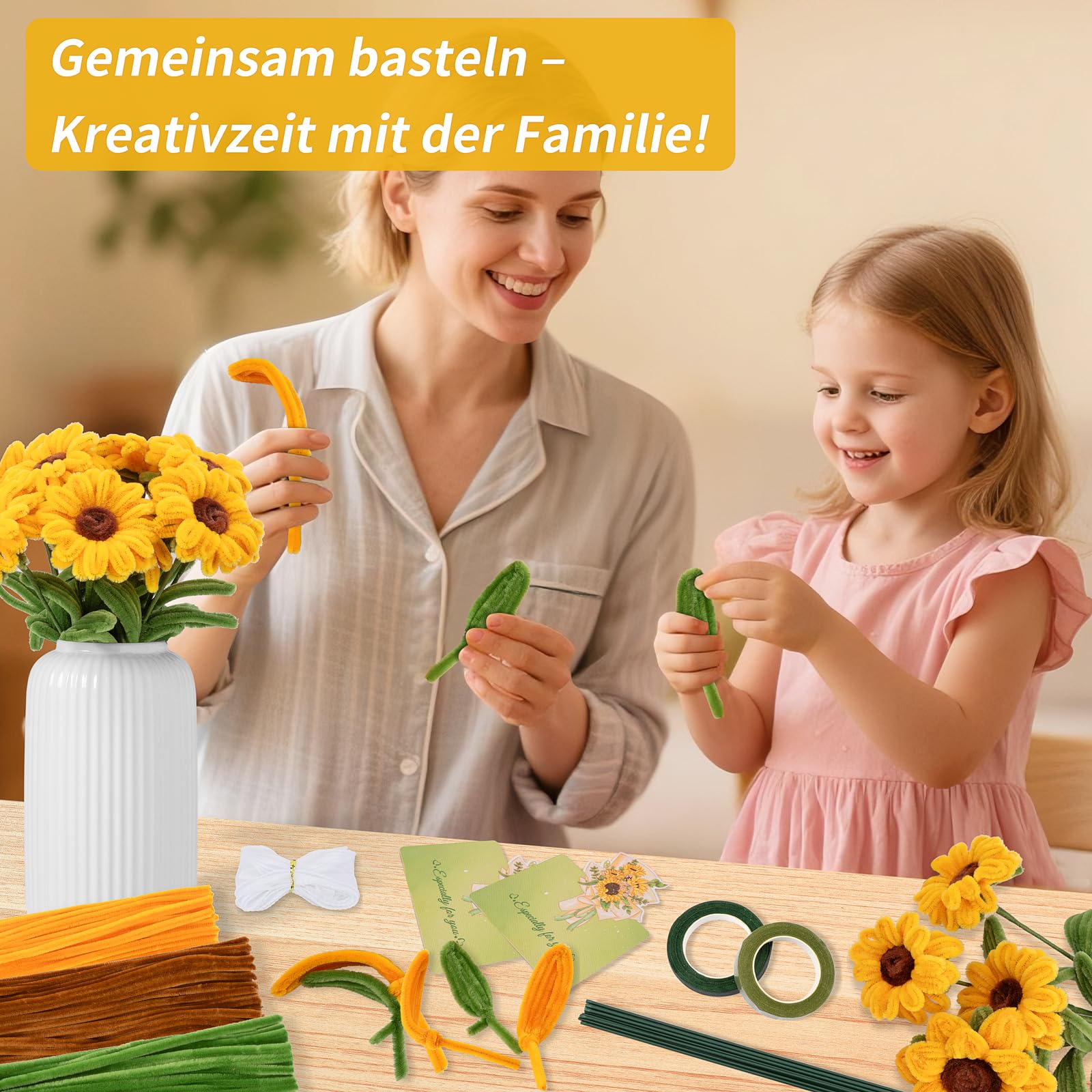 set di 300 fili di ciniglia per lavori manuali a forma di girasole - Con 20 steli, nastro e nastro adesivo - Per mazzi di fiori fai da te e progetti artigianali. Regali per le donne per la