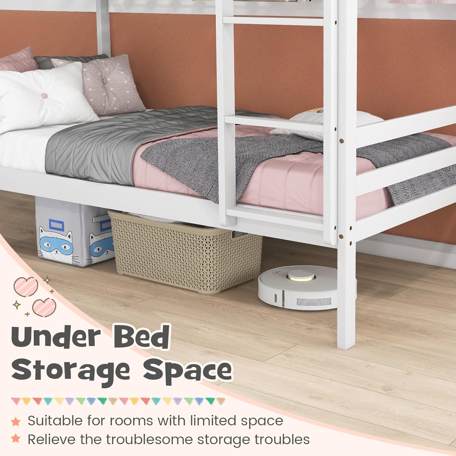 Twin Over Twin Bunk Bed, Space Saving Wood Bed Frame w/Under Bed Storage, Ladder & Guardrail, Dorm & Multichild Family, Modern Bunk Bed for Kids, Teens, Sleepovers, Adults (White)