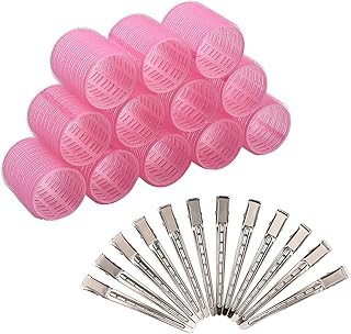 Conjunto de rolos de cabelo 12 unidades com rolos de retenção auto-aderentes com clipes de bico de pato em aço inoxidável 12 unidades para volume de franjas de cabelo Conjunto de rolos de cabelo,Rolos de sustentação auto-aderentes,Volume da franja de cabelo,Clipes de bico de pato em aço inoxidável:,Rolos de cabelo Pink