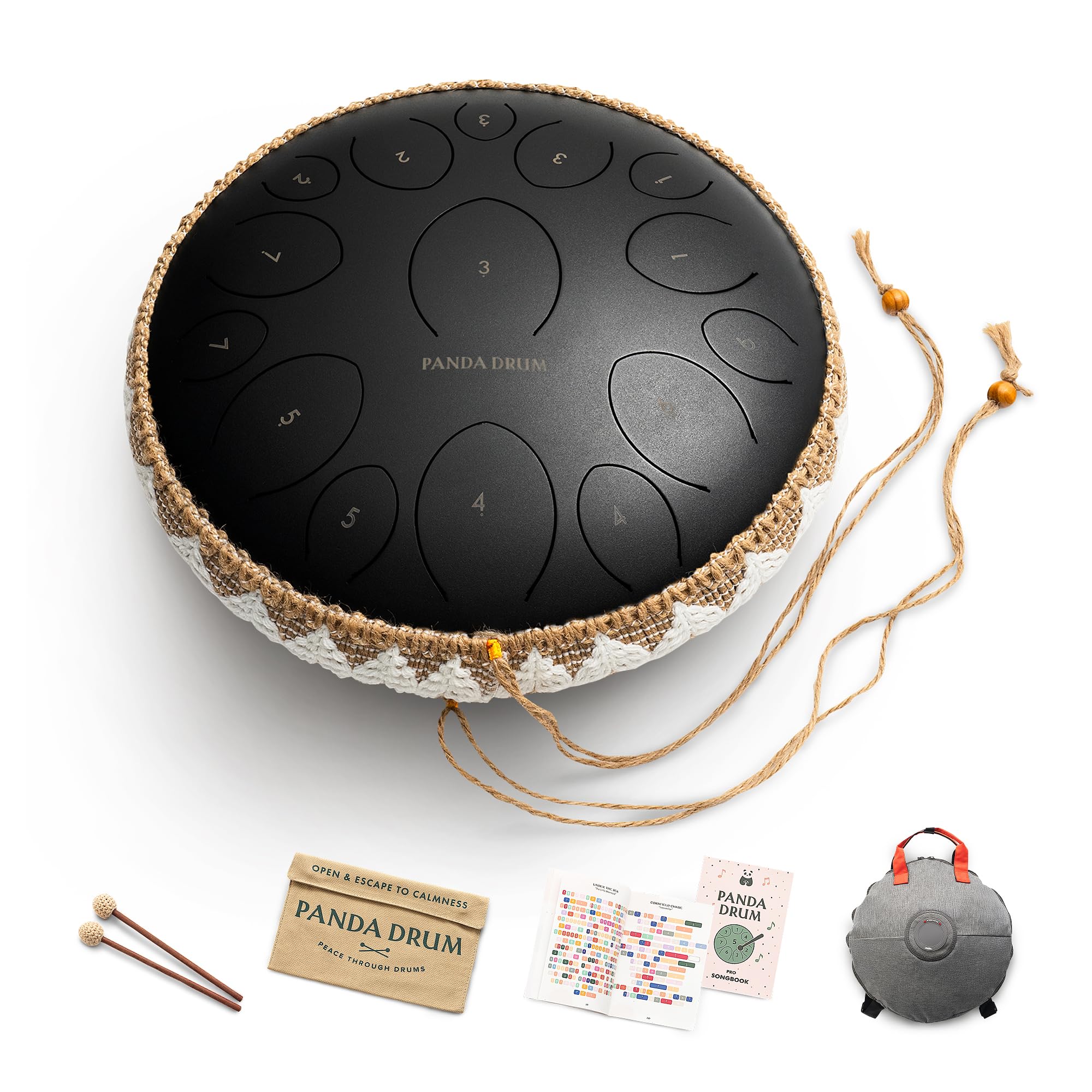Pro Black Steel Tongue Handpan with Music Book Mallets Carrying Bag Finger Picks 15 inch 432 Hz Rain
