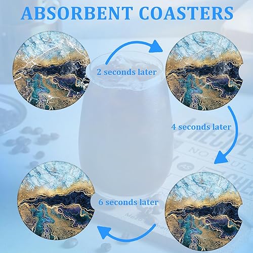Vista 5 de Portavasos para automóvil, diseño de mármol azul, blanco y dorado, paquete de 2 para portavasos absorbentes, inserto antideslizante universal