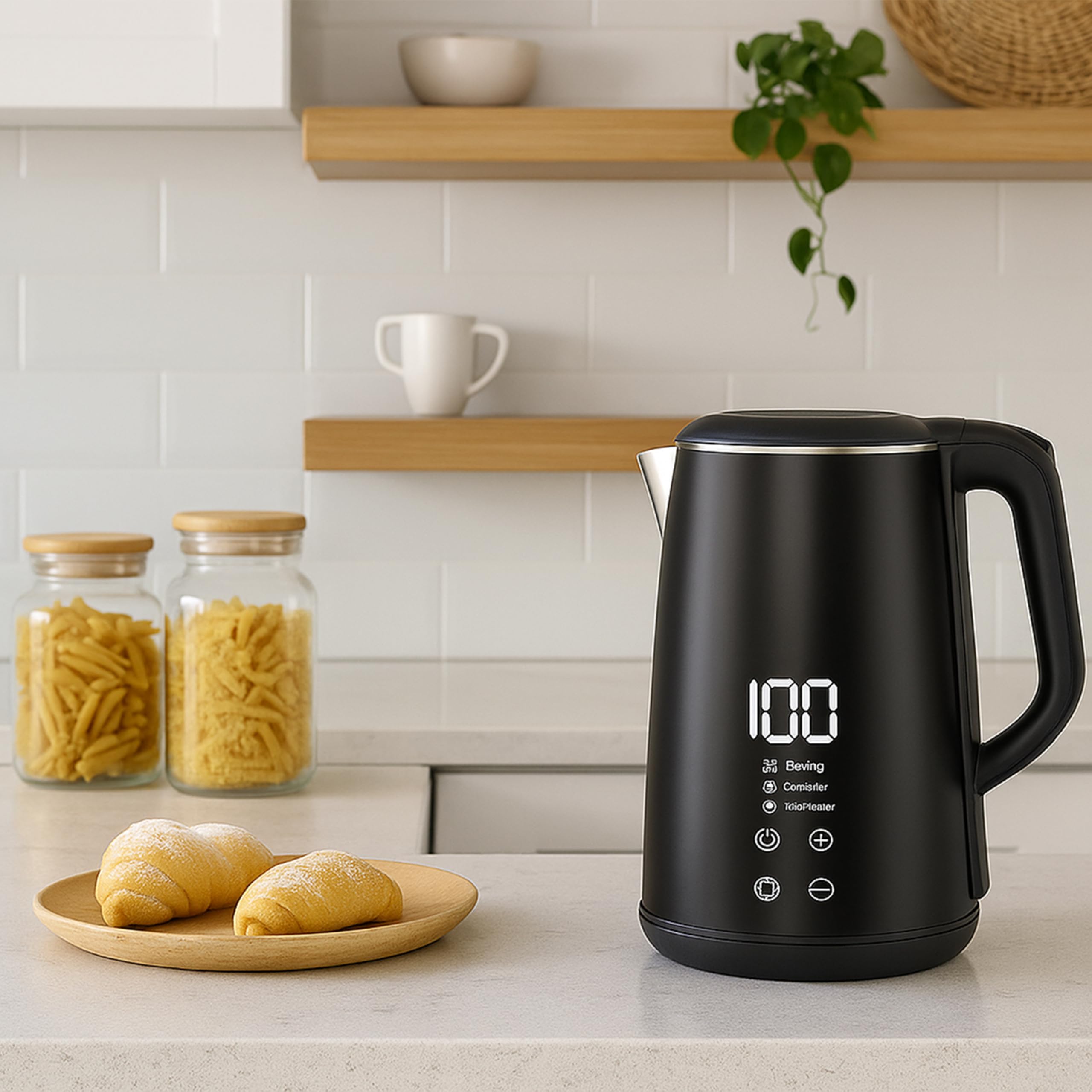 Retoo Hervidor de Agua Eléctrico 1,6L con Pantalla Táctil LED 1500 W, Inalámbrico, Base de 360°, Interior de Acero Inoxidable sin BPA, Varios Niveles de Temperatura, Negro