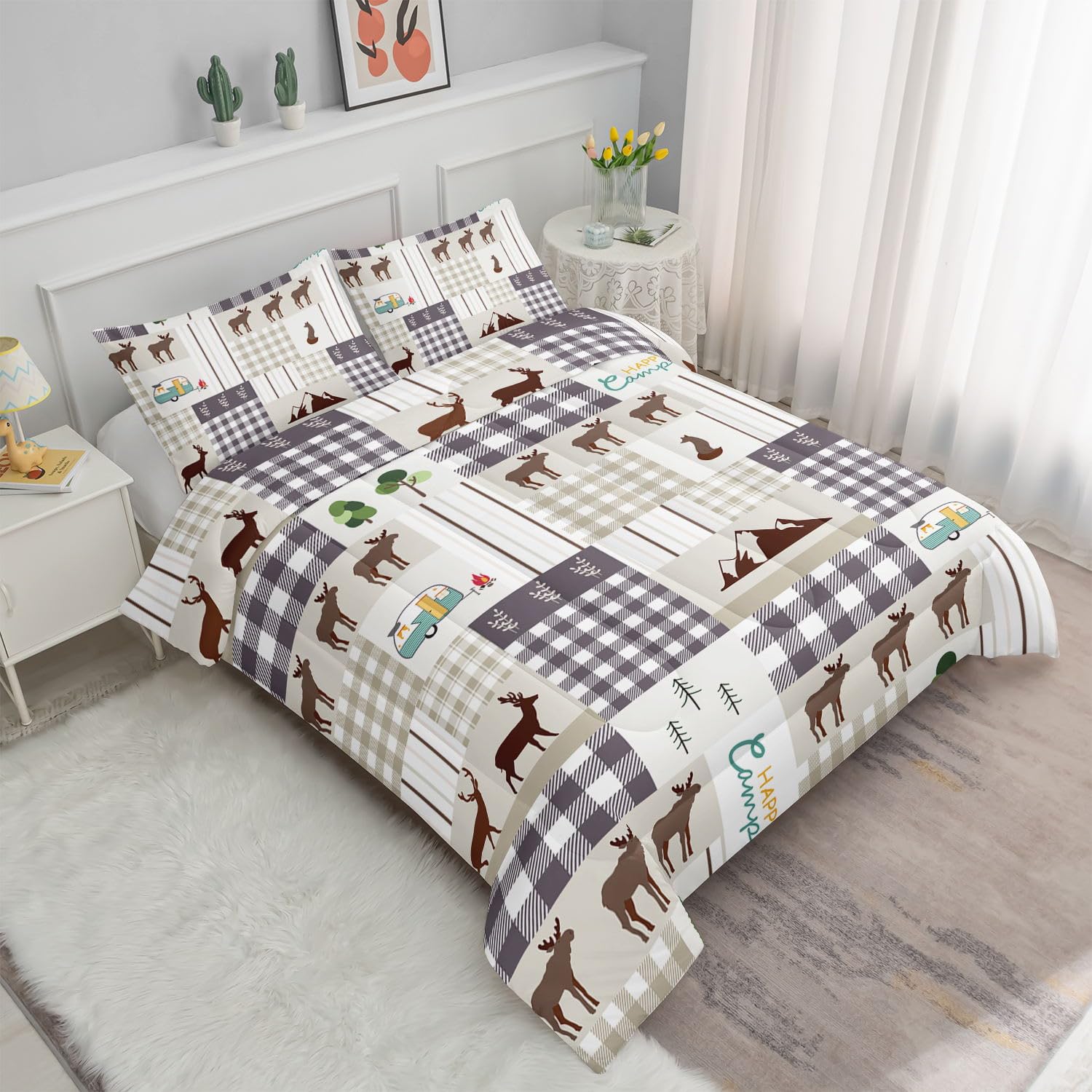 Datura Home Happy Camper Comforter Set Rustic Lodge and Camper Deer Printed Quilt Bedding Set with 1 Comforter and 2 Pillowcases for Boys and Girls Bedroom All Season Full