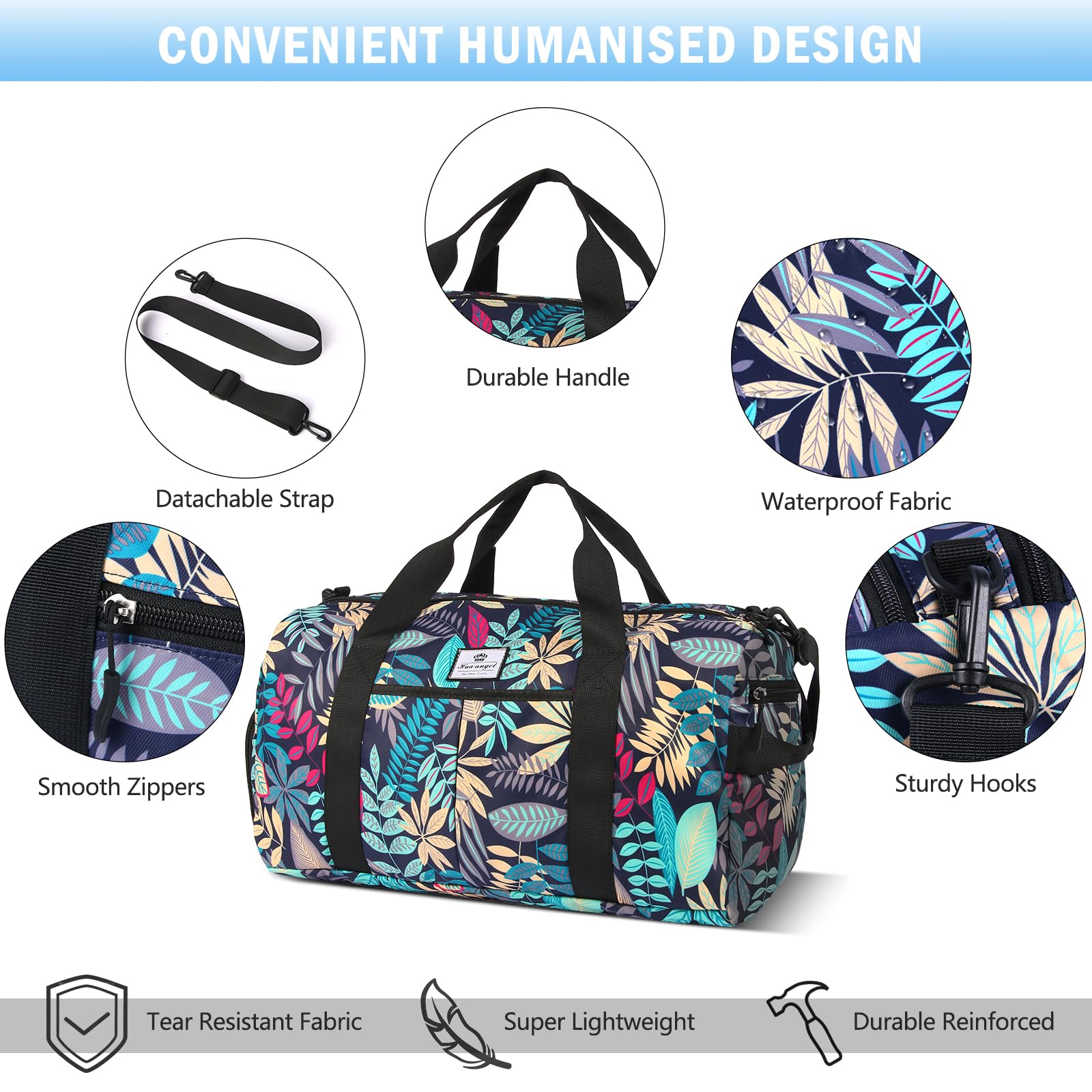 HUA ANGEL Sporttasche Damen 30L mit Nassfach & Schuhfach - Faltbare wasserdichte Weekender Tasche für Fitnessstudio, Schwimmbad, Reisen - Trainingstasche, Badetasche, Handgepäck