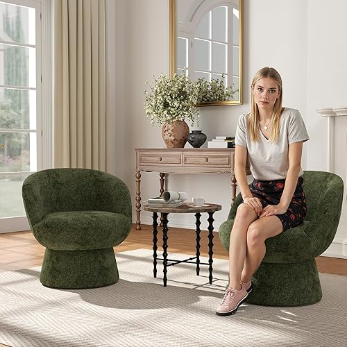 Miniatura 7 de Silla giratoria de 360 con respaldo curvo, moderna silla redonda tapizada de felpilla verde, sillón de tocador para espacio pequeño, sala de estar,