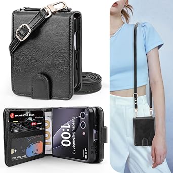 OCASE Compatible with Samsung Galaxy Z Flip7 Crossbody Wallet Case with Card Holder, PU Leather Handbag Phone Purse with RFID Blocking Wrist Strap Lanyard 2025, Black