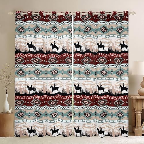 Regalos de vaqueros para hombres, cortinas opacas aztecas, cortinas occidentales de 84 x 63 pulgadas, cortinas de ventana de caballos aztecas
