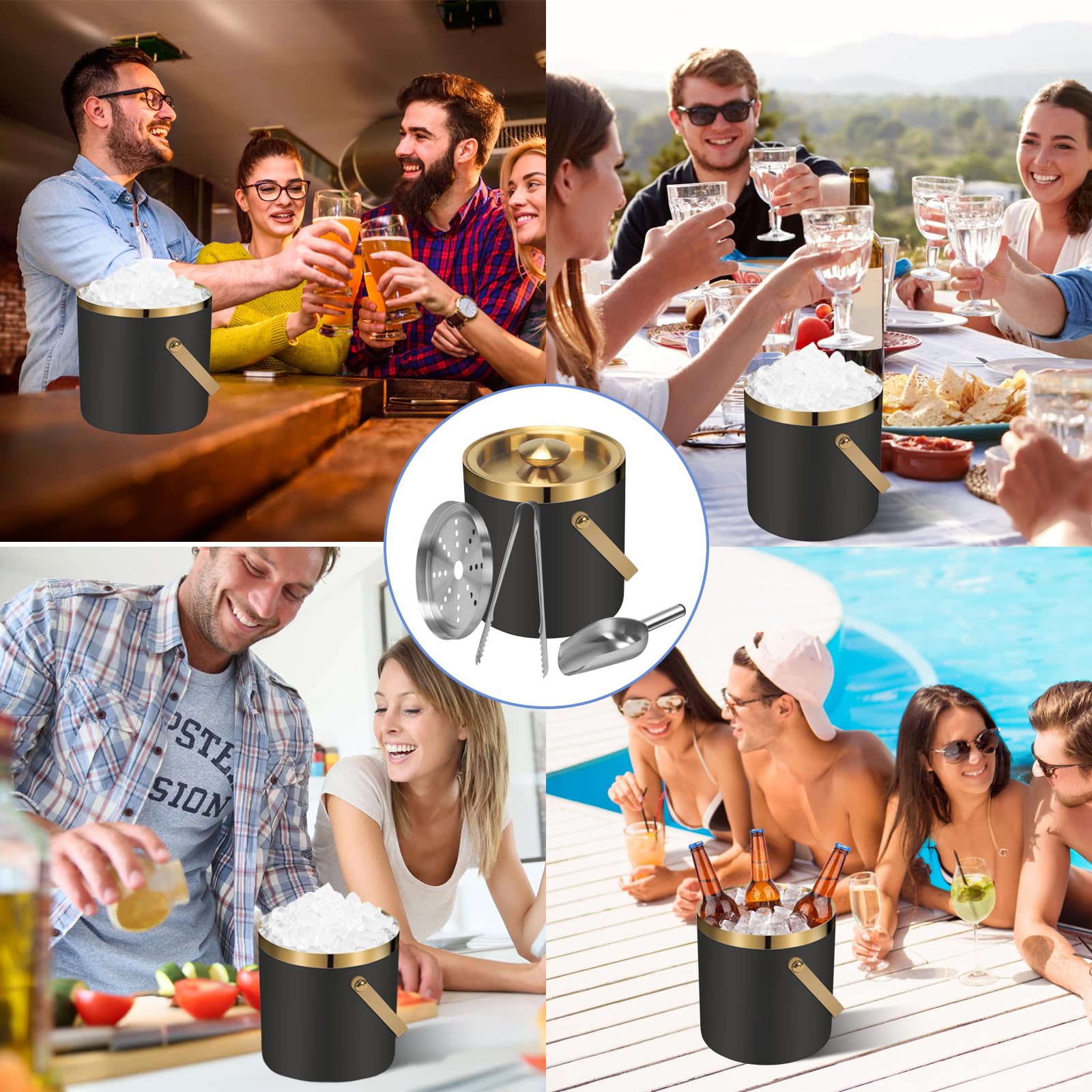 Seau à glace 2 L avec couvercle et pince, double paroi isotherme petit seau à glace | Seau à champagne en acier inoxydable pour fêtes, bars, restaurants, barbecues, noir et doré avec cuillère et passoire